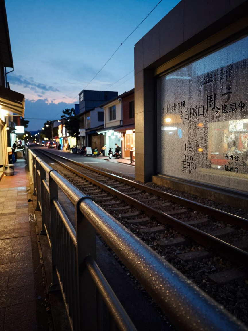 Blue Hour Street Scene in Tainan Taiwan with Condensation on Rail and Window Curtains in in Tainan, Taiwan