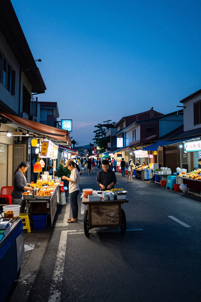 Blue Hour Street Scene in Tainan Taiwan with Honey Dipping and Local Market Activity in in Tainan, Taiwan