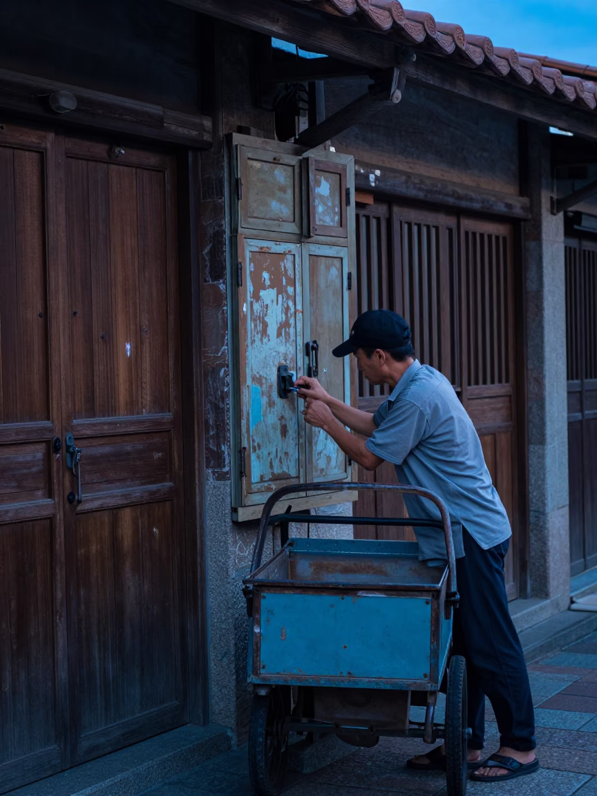Blue Hour Street Scene in Tainan Taiwan with Mechanical Pencil and Latch Details in in Tainan, Taiwan