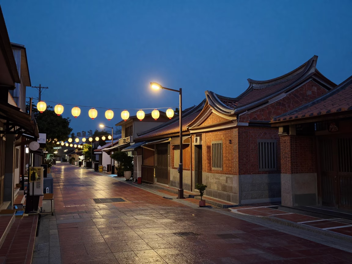 Blue Hour Street Scene in Tainan Taiwan with Paper Lanterns and Local Life in in Tainan, Taiwan