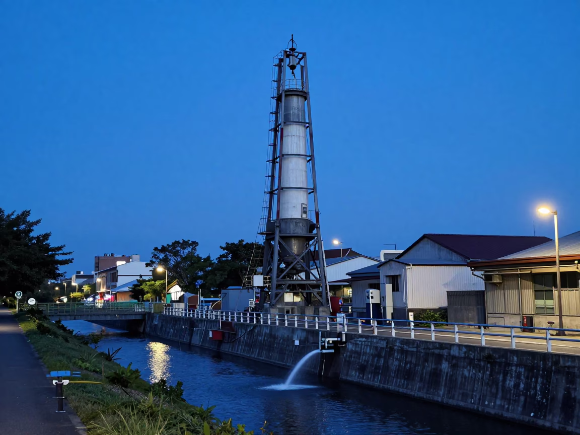 Blue Hour Street Scene in Tainan Taiwan with Pumping Station and Canal Infrastructure in in Tainan, Taiwan