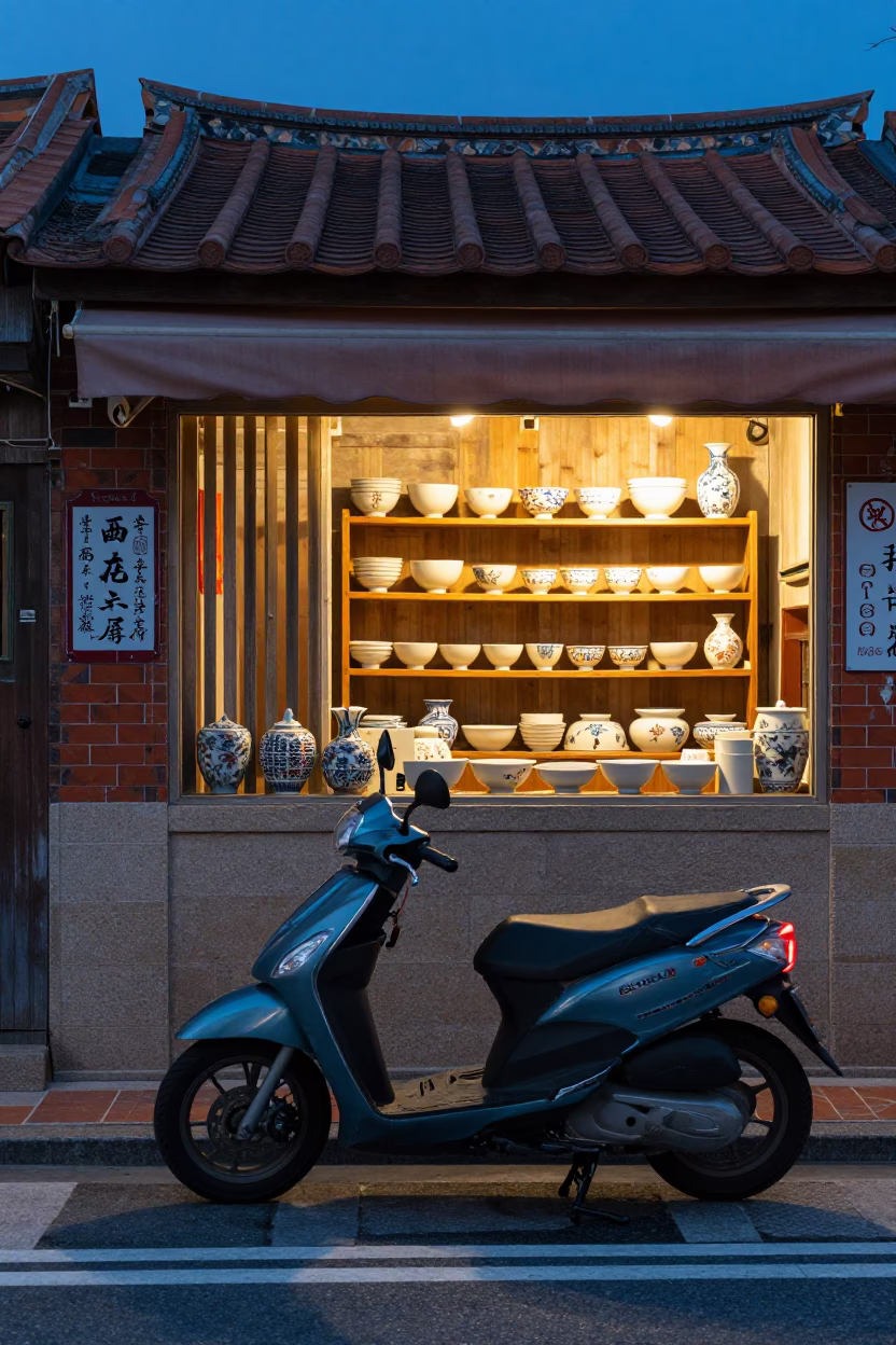 Blue Hour Street Scene in Tainan Taiwan with Scooter and Porcelain Details in in Tainan, Taiwan