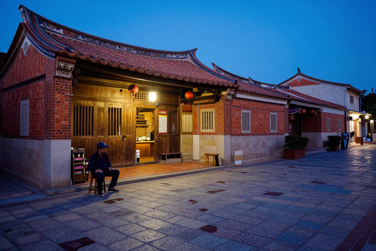 Blue Hour Street Scene in Tainan Taiwan with Tea Stains and Camp Stool in in Tainan, Taiwan
