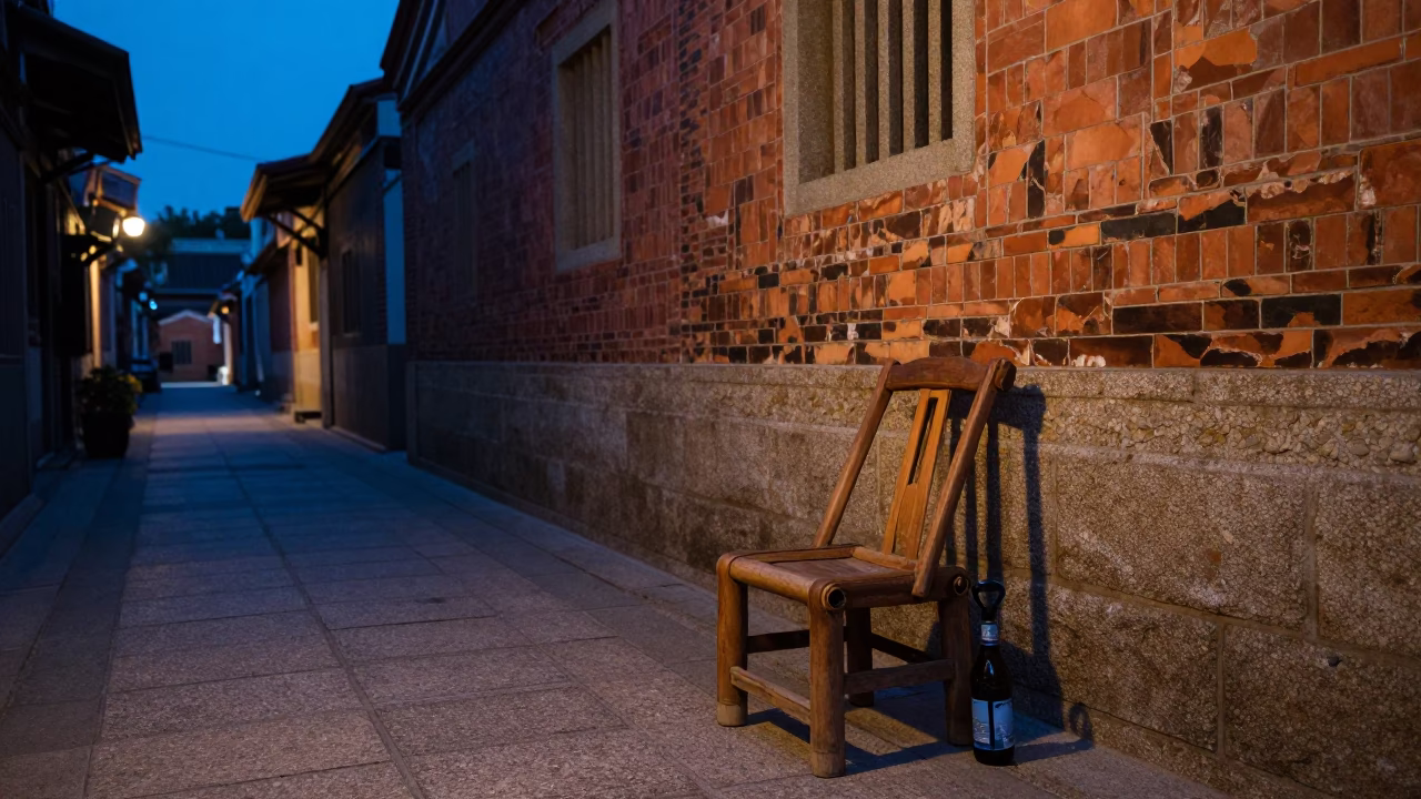 Blue Hour Street Scene in Tainan Taiwan with Traditional Chair and Bottle Opener in in Tainan, Taiwan