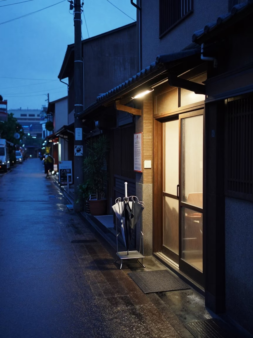 Blue Hour Street Scene in Tainan Taiwan with Umbrella Stand and Evening Light in in Tainan, Taiwan