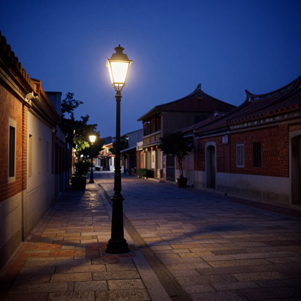 Blue Hour Street Scene in Tainan Taiwan with Vintage Lamp Post and Cobblestone Alleyway in in Tainan, Taiwan