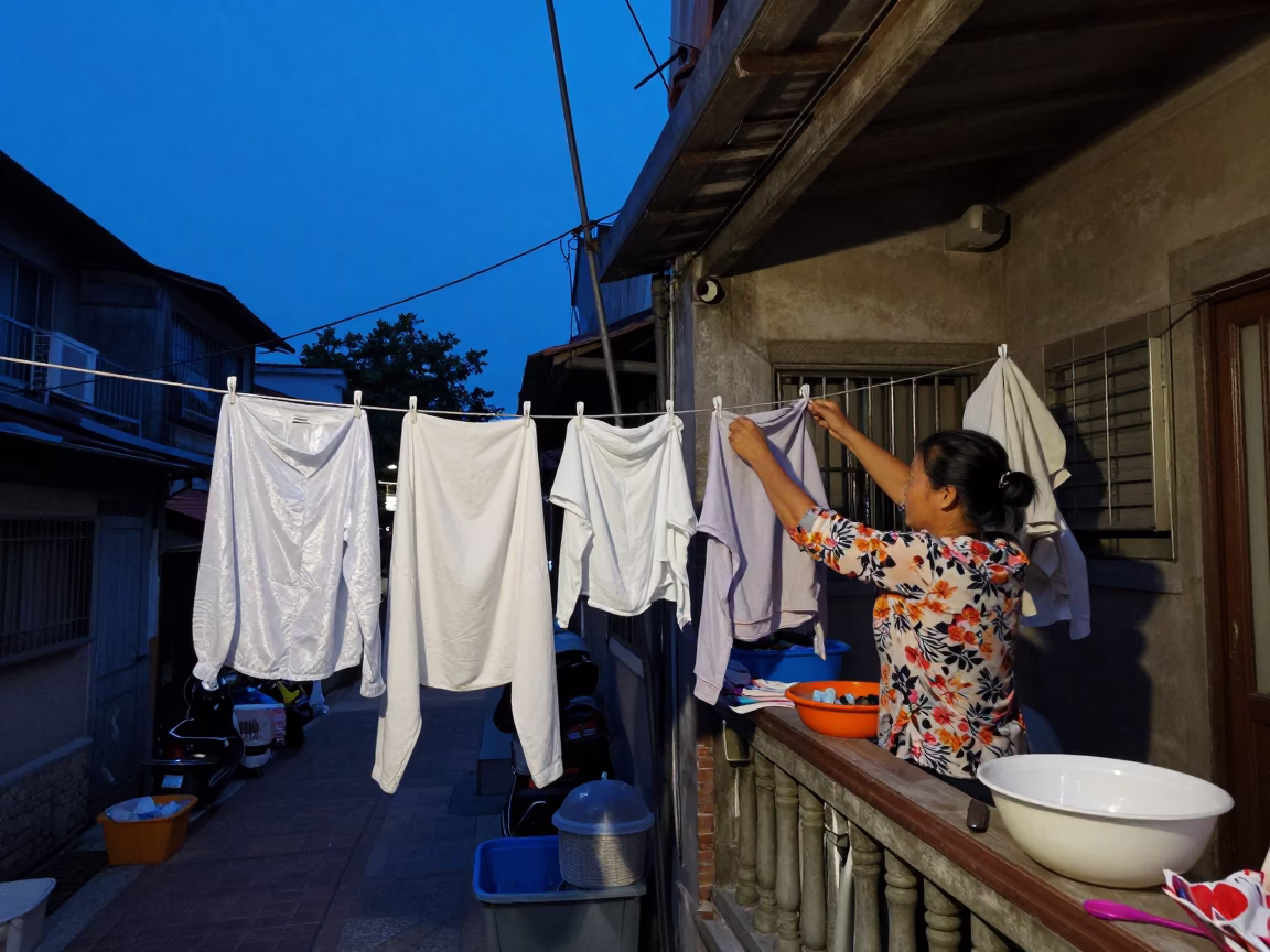 Blue hour street scene in Tainan with laundry and shopfronts in in Tainan, Taiwan