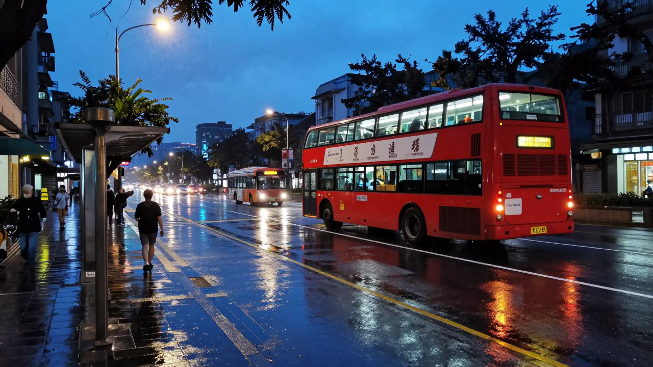 Blue Hour Street Scene in Taipei Taiwan with Wet Leaves and Rainy Bus Stop in in Taipei, Taiwan