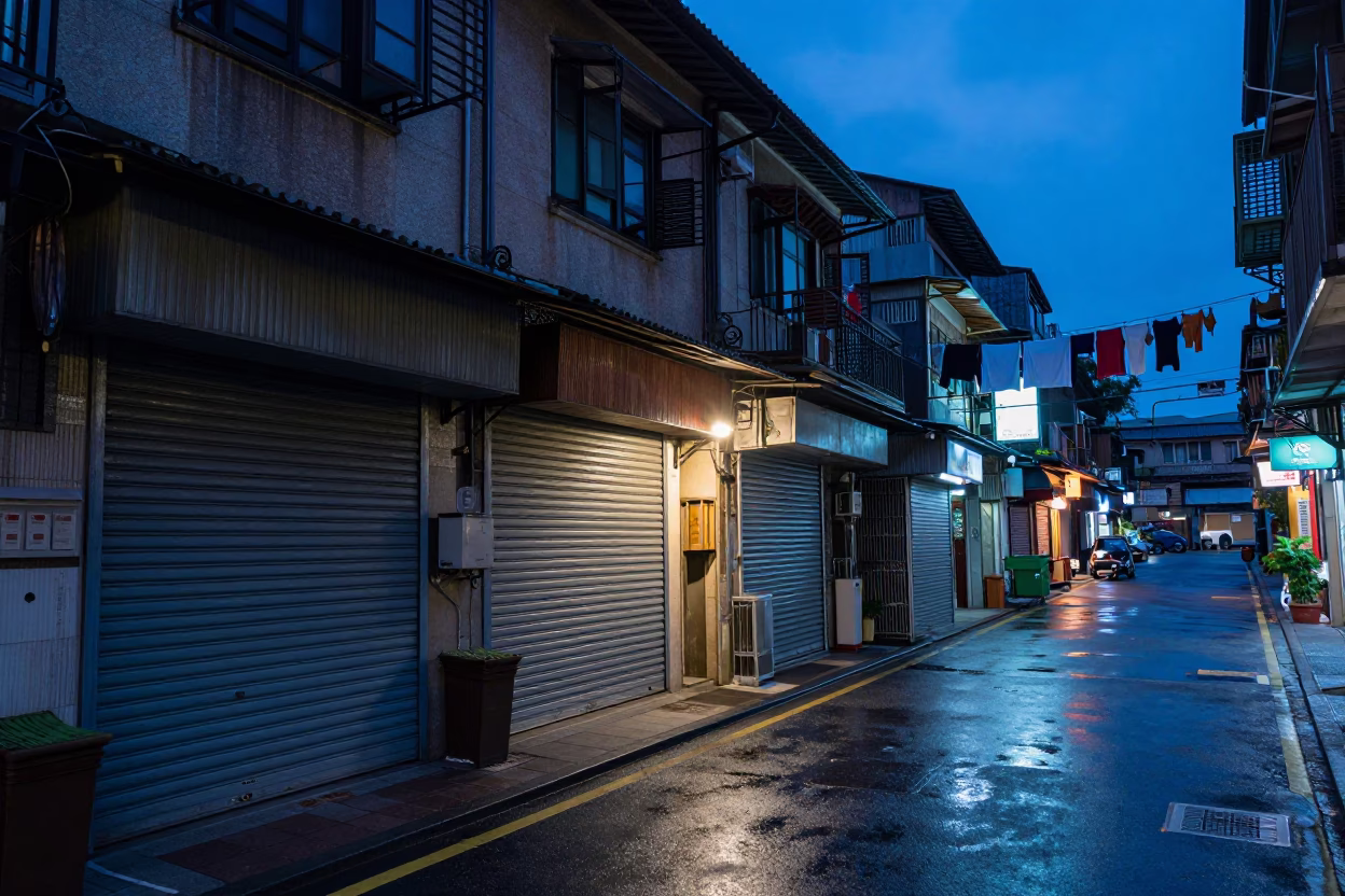 Blue Hour Street Scene in Taipei with Shuttered Shop and Hanging Laundry in in Taipei, Taiwan
