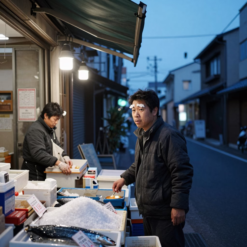 Blue Hour Street Scene in Tokyo Japan with Fishmonger and Salt Crystals in in Tokyo, Japan
