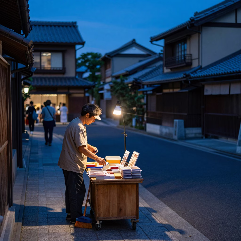 Blue Hour Street Scene in Tokyo Japan with Vendor and Desk Brush in in Tokyo, Japan
