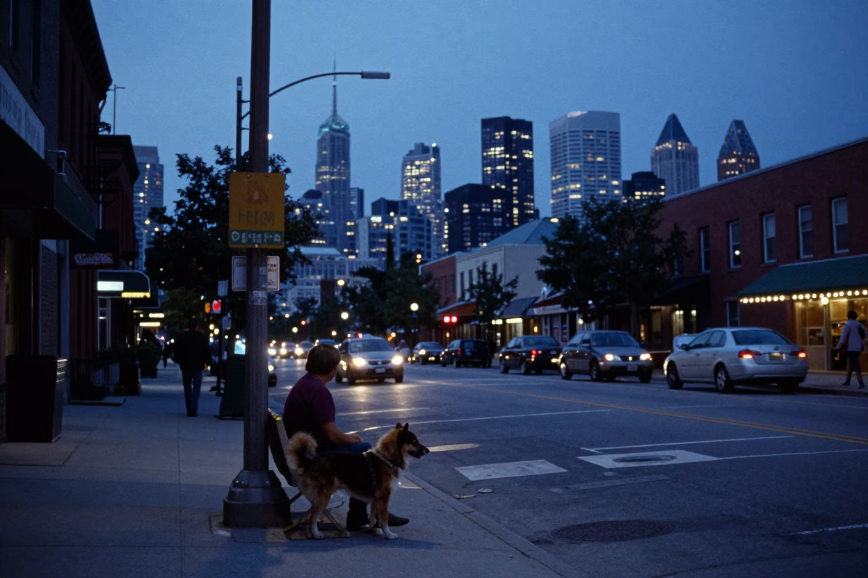 Blue Hour Street Scene in Toronto Featuring Vintage Keeshond and Urban Details in in Toronto, Ontario, Canada