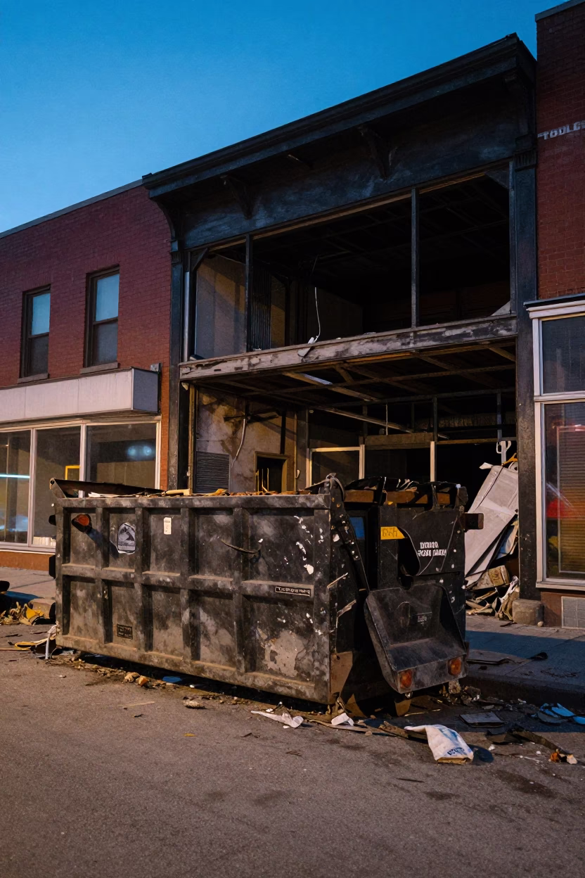 Blue Hour Street Scene in Toronto Ontario with Demolition Dumpster and Vintage Storefront Facade in in Toronto, Ontario, Canada