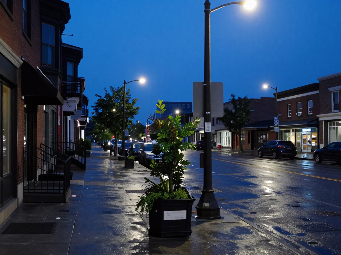 Blue Hour Street Scene in Toronto Ontario with Houseplants and Letter Tray in in Toronto, Ontario, Canada