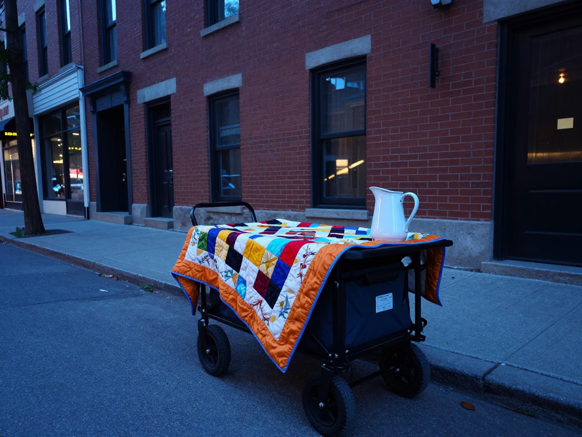 Blue Hour Street Scene in Toronto with Quilt and Pitcher in in Toronto, Ontario, Canada