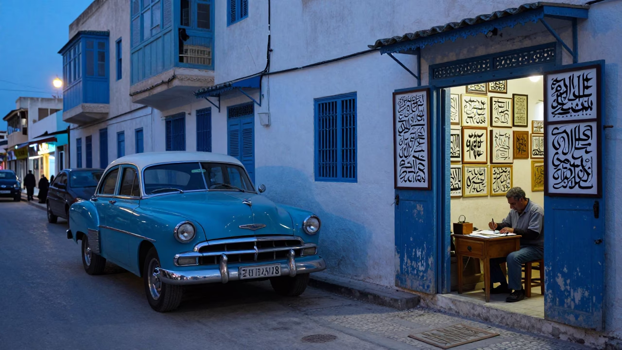 Blue Hour Street Scene in Tunis Tunisia with Classic Car and Calligraphy Artisan in in Tunis, Tunisia