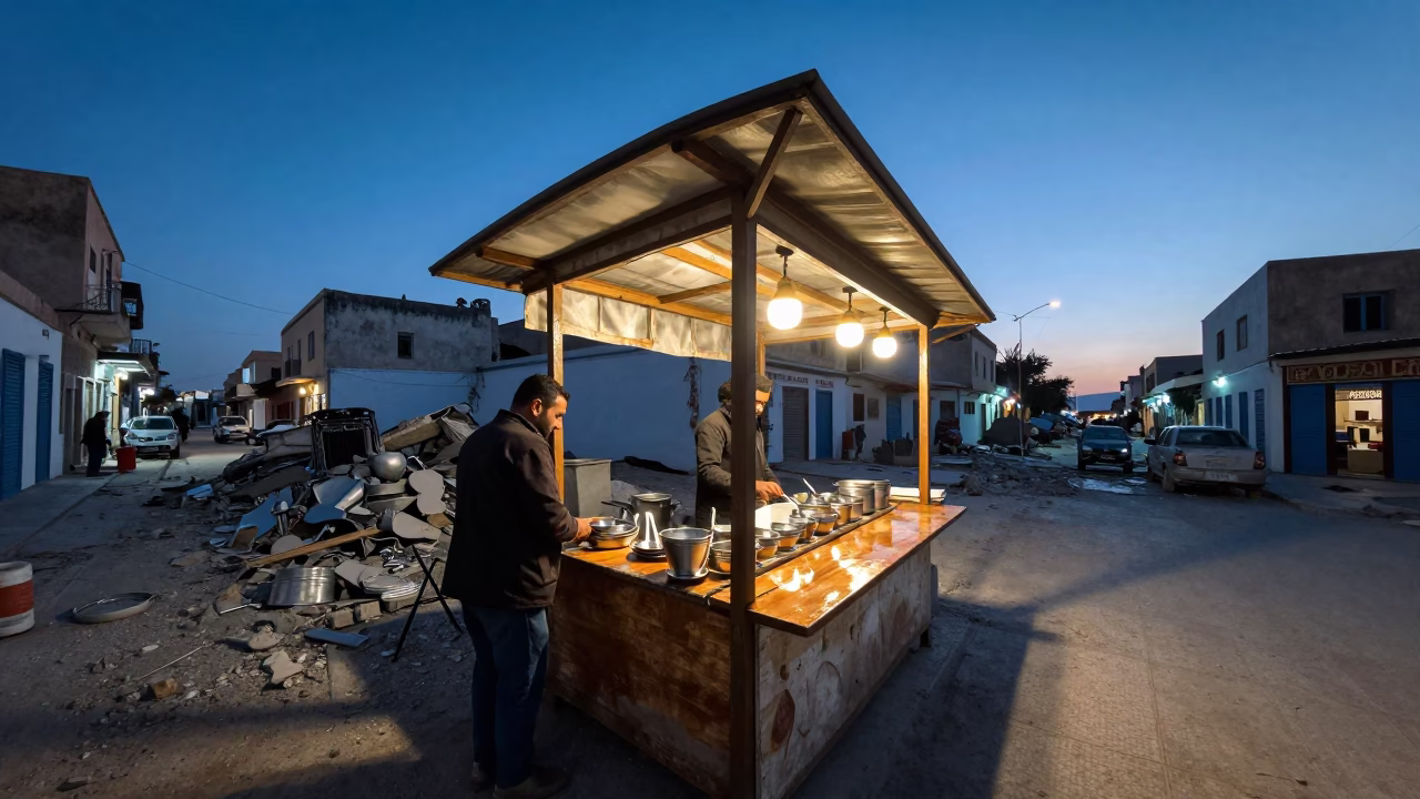 Blue Hour Street Scene in Tunis Tunisia with Cutlery and Demolition in in Tunis, Tunisia