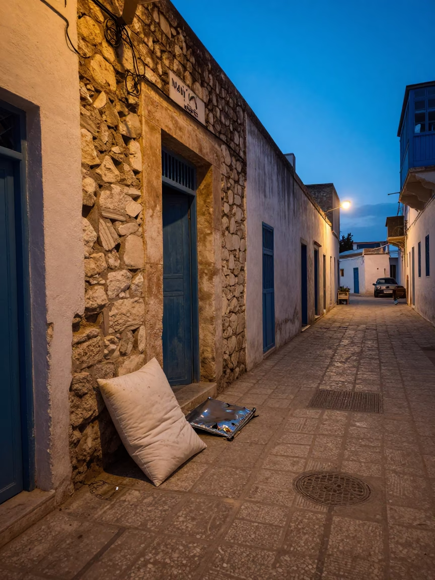 Blue Hour Street Scene in Tunis Tunisia with Dented Metal and Pillow in in Tunis, Tunisia