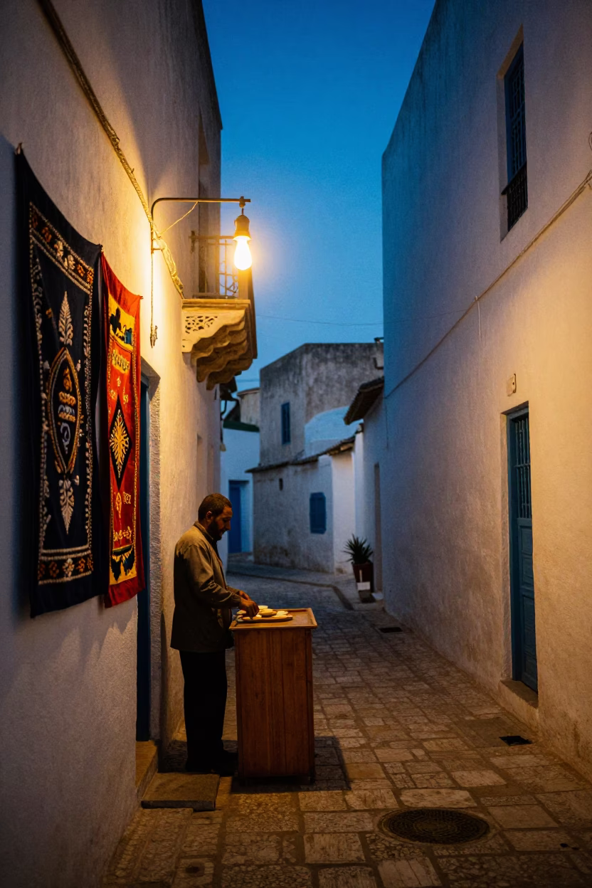 Blue Hour Street Scene in Tunis Tunisia with Embroidered Textile and Warm Lamp Light in in Tunis, Tunisia