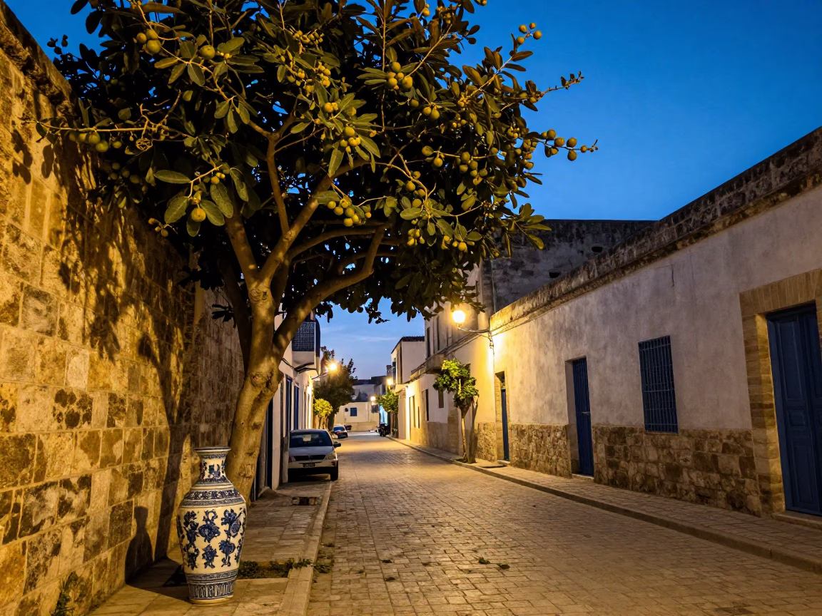Blue Hour Street Scene in Tunis Tunisia with Fig Tree and Porcelain Jar in in Tunis, Tunisia