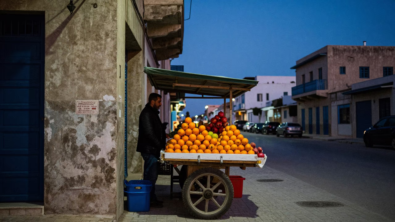 Blue Hour Street Scene in Tunis Tunisia with Fruit Stall and Concrete Architecture in in Tunis, Tunisia