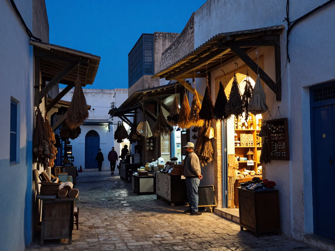 Blue Hour Street Scene in Tunis Tunisia with Hanging Dried Goods and Ambient Light in in Tunis, Tunisia