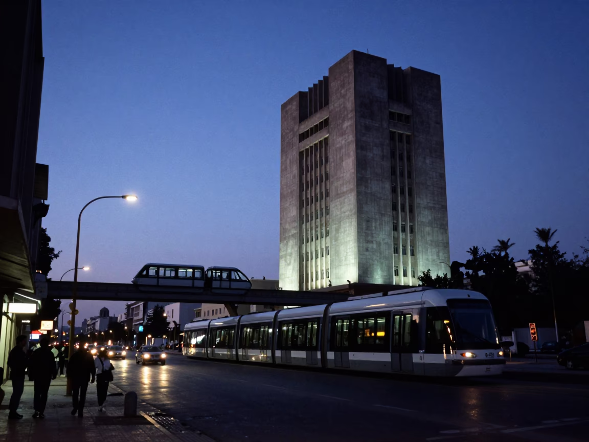 Blue Hour Street Scene in Tunis Tunisia with Monorail and Brutalist Architecture in in Tunis, Tunisia