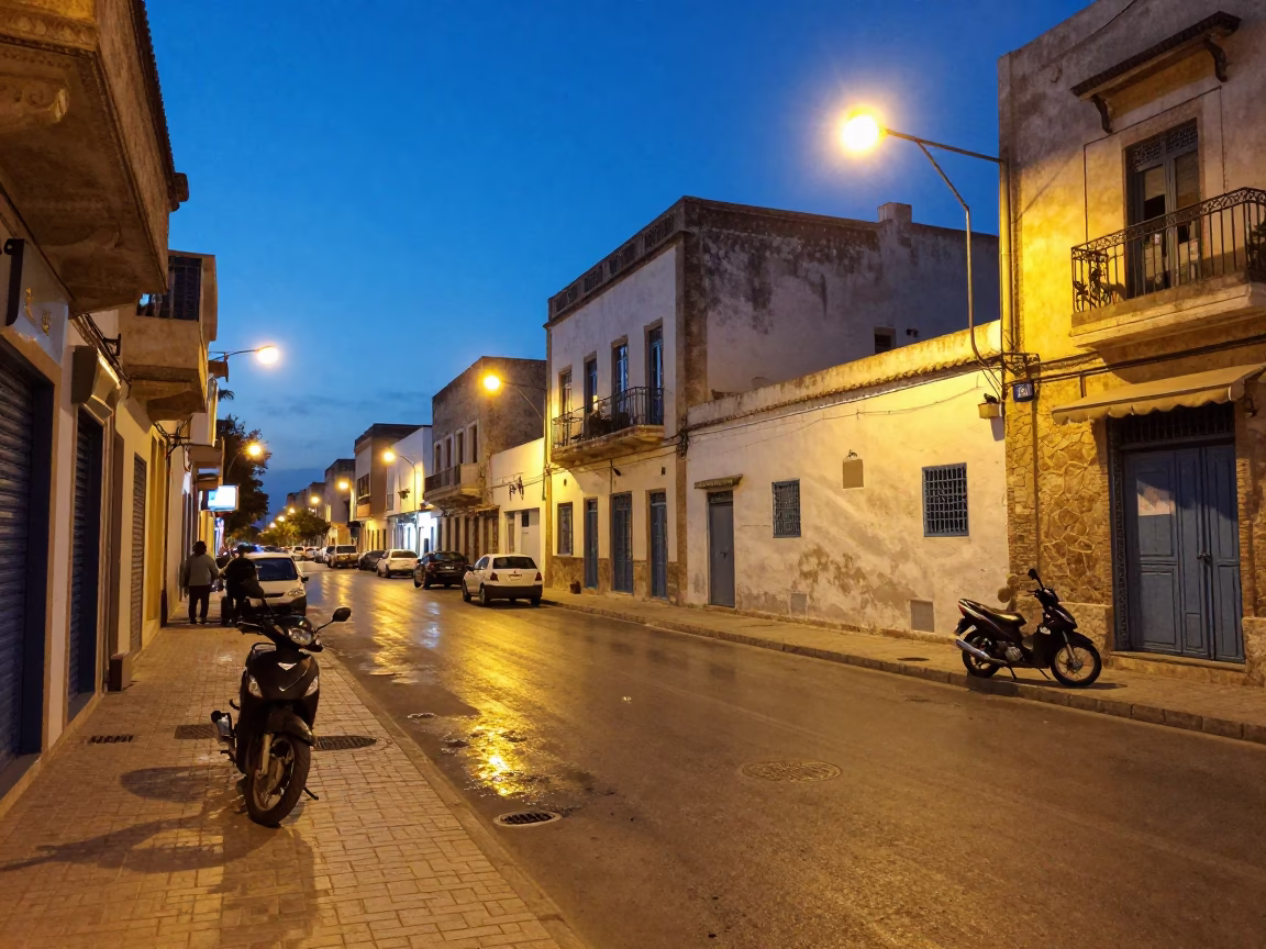Blue Hour Street Scene in Tunis Tunisia with Motorcycle and Urban Life in in Tunis, Tunisia