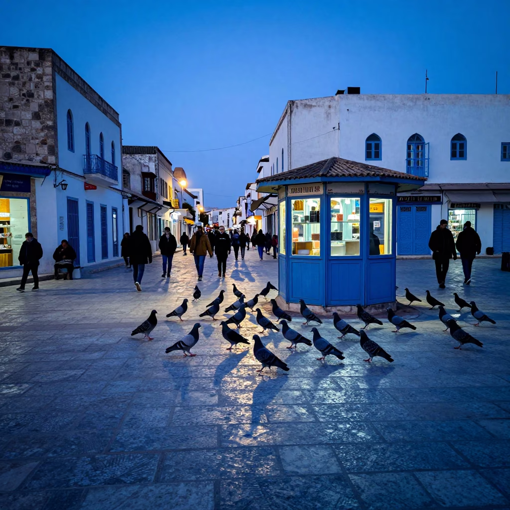 Blue Hour Street Scene in Tunis Tunisia with Pigeons and Local Market Activity in in Tunis, Tunisia