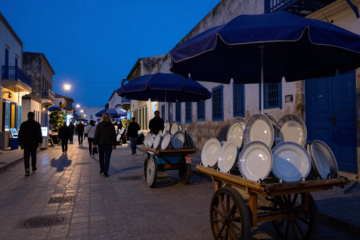 Blue Hour Street Scene in Tunis Tunisia with Umbrellas and Porcelain in in Tunis, Tunisia