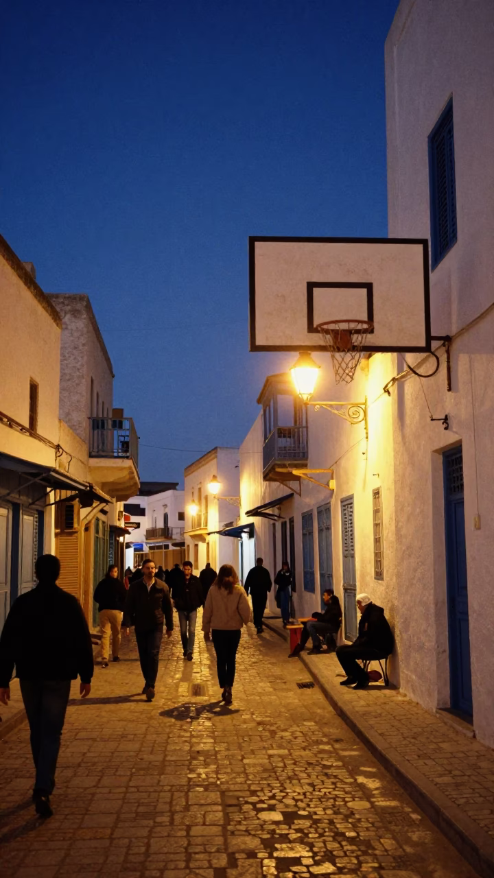 Blue Hour Street Scene in Tunis Tunisia with Vintage Basketball and Local Life in in Tunis, Tunisia
