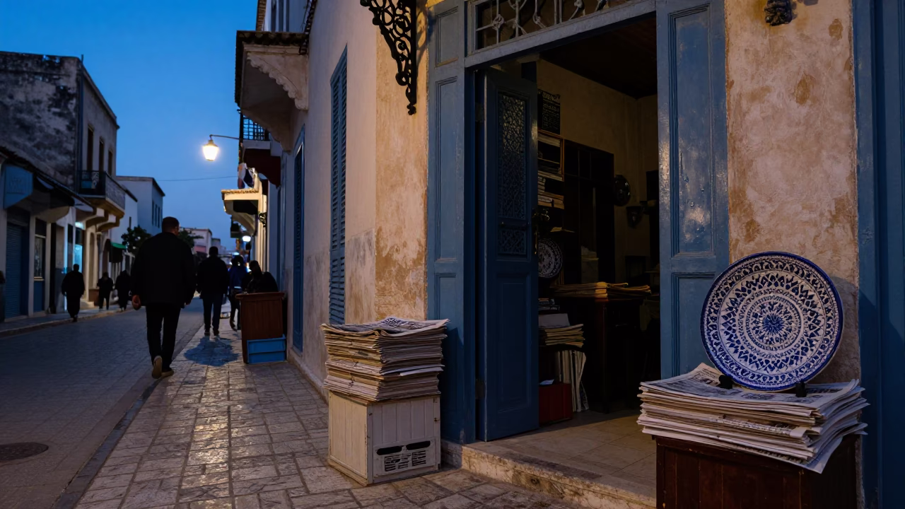 Blue Hour Street Scene in Tunis Tunisia with Vintage Items and Local Life in in Tunis, Tunisia