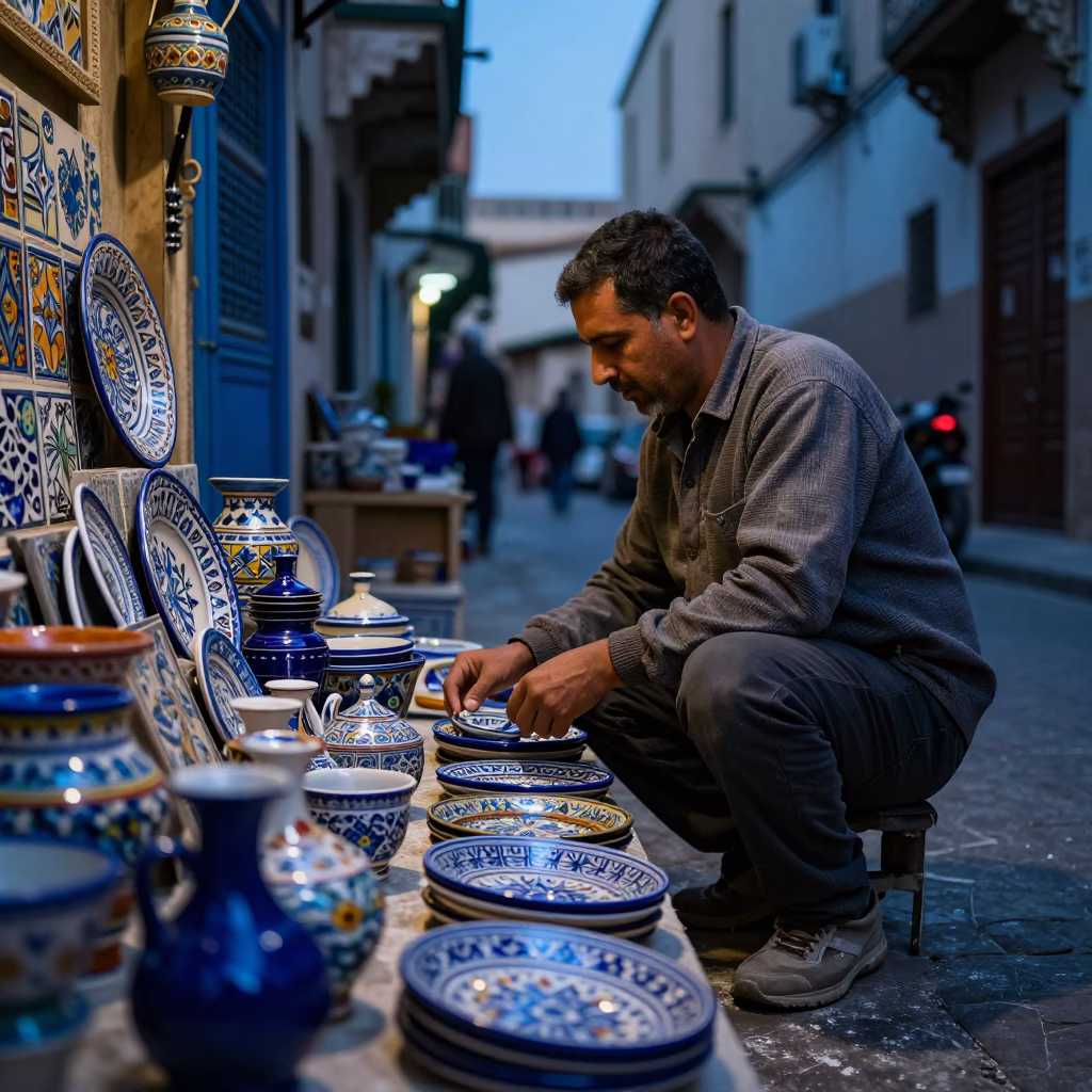Blue Hour Street Scene in Tunis With Glossy Enamel and Flour Dust in in Tunis, Tunisia