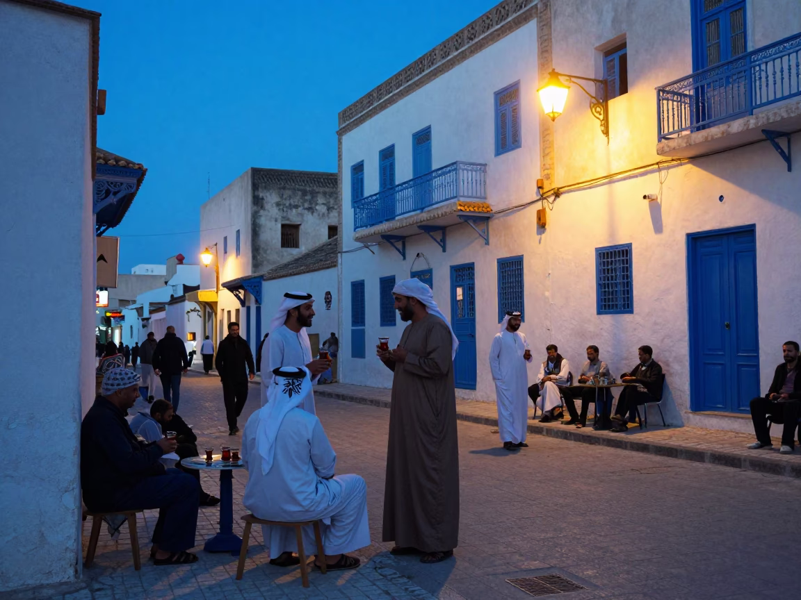 Blue hour street scene in Tunis with locals sharing tea and laughter in in Tunis, Tunisia