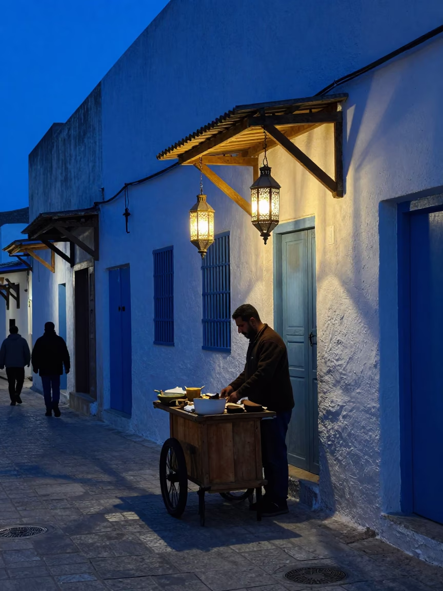 Blue hour street scene in Tunis with vendor and hanging lanterns in in Tunis, Tunisia