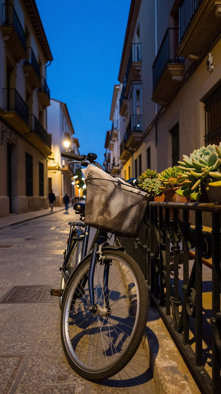 Blue Hour Street Scene in Valencia Spain with Bicycle Basket and Succulent Cafe Wall in in Valencia, Spain