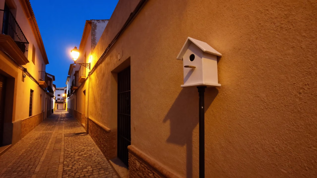 Blue Hour Street Scene in Valencia Spain with Birdhouse and Coat Stand in in Valencia, Spain
