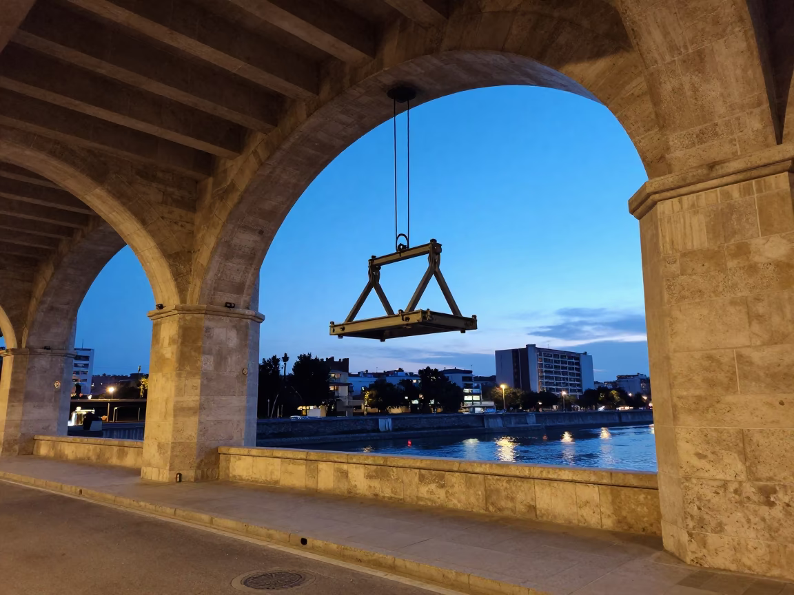 Blue Hour Street Scene in Valencia Spain with Bridge Maintenance Equipment and River Reflections in in Valencia, Spain