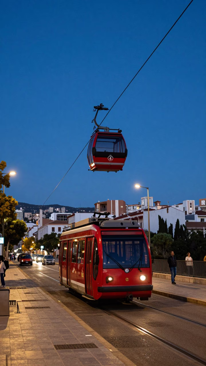 Blue Hour Street Scene in Valencia Spain with Cable Car and Local Life in in Valencia, Spain