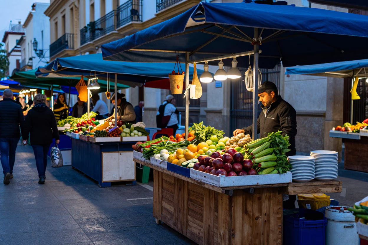 Blue Hour Street Scene in Valencia Spain with Colorful Market Details in in Valencia, Spain