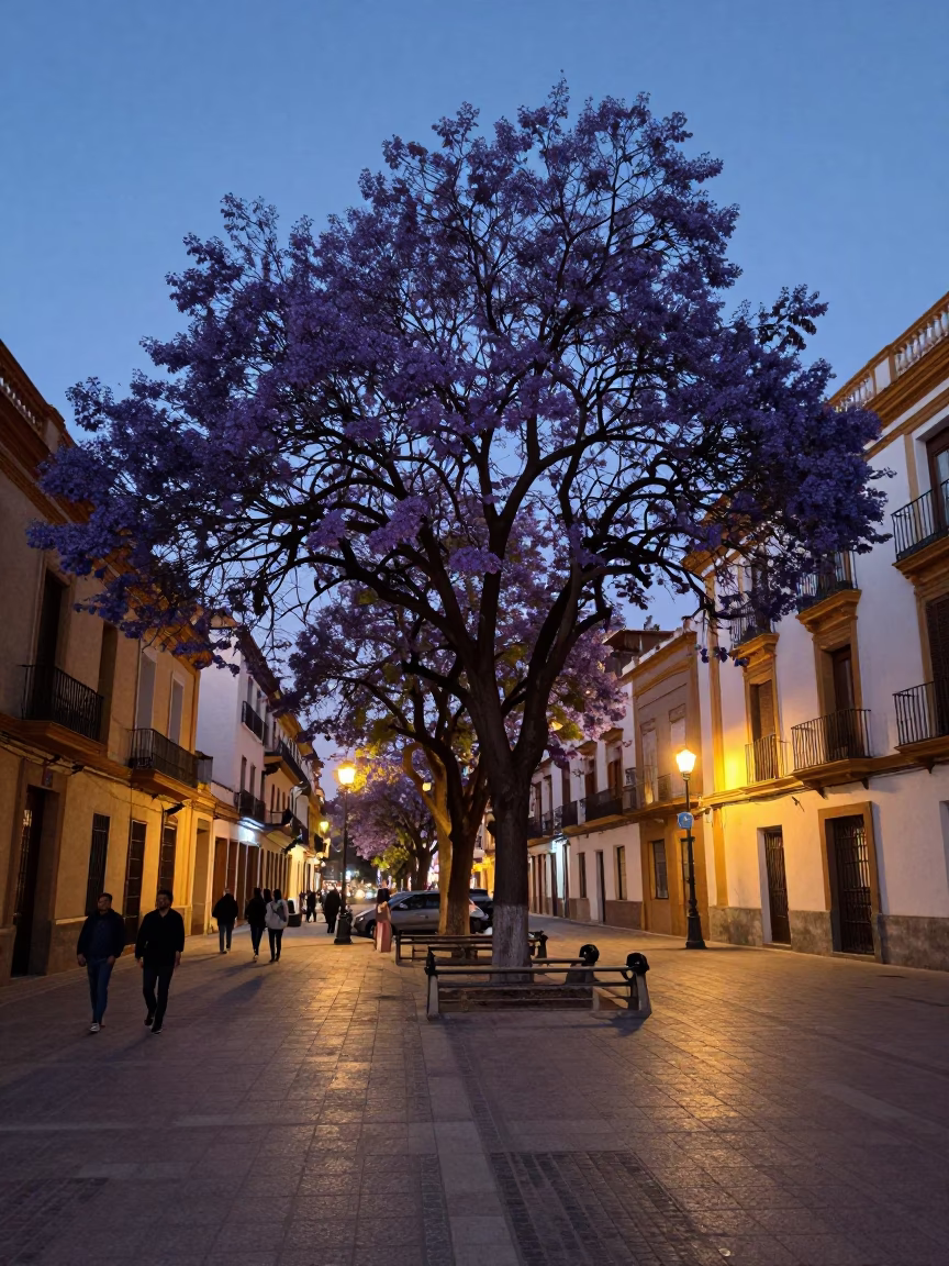 Blue Hour Street Scene in Valencia Spain with Jacaranda Tree and Vintage 1980s Aesthetic in in Valencia, Spain