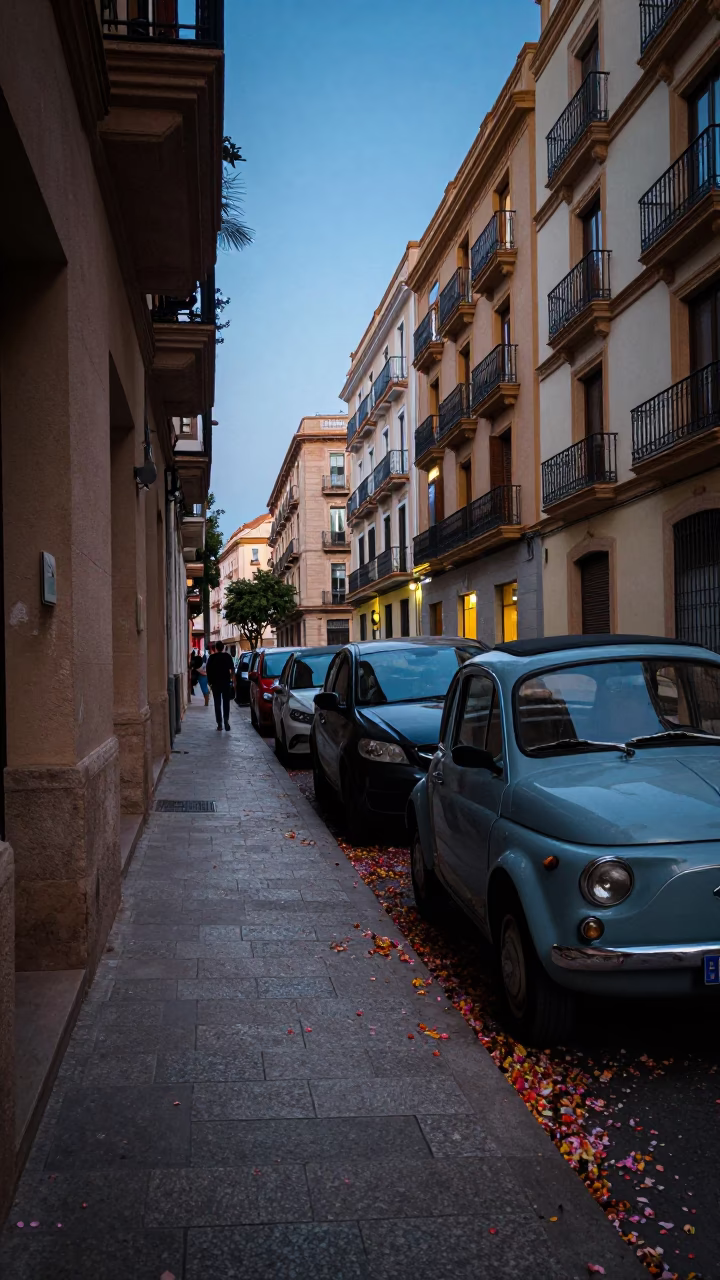 Blue Hour Street Scene in Valencia Spain with Petals and Vintage Car in in Valencia, Spain