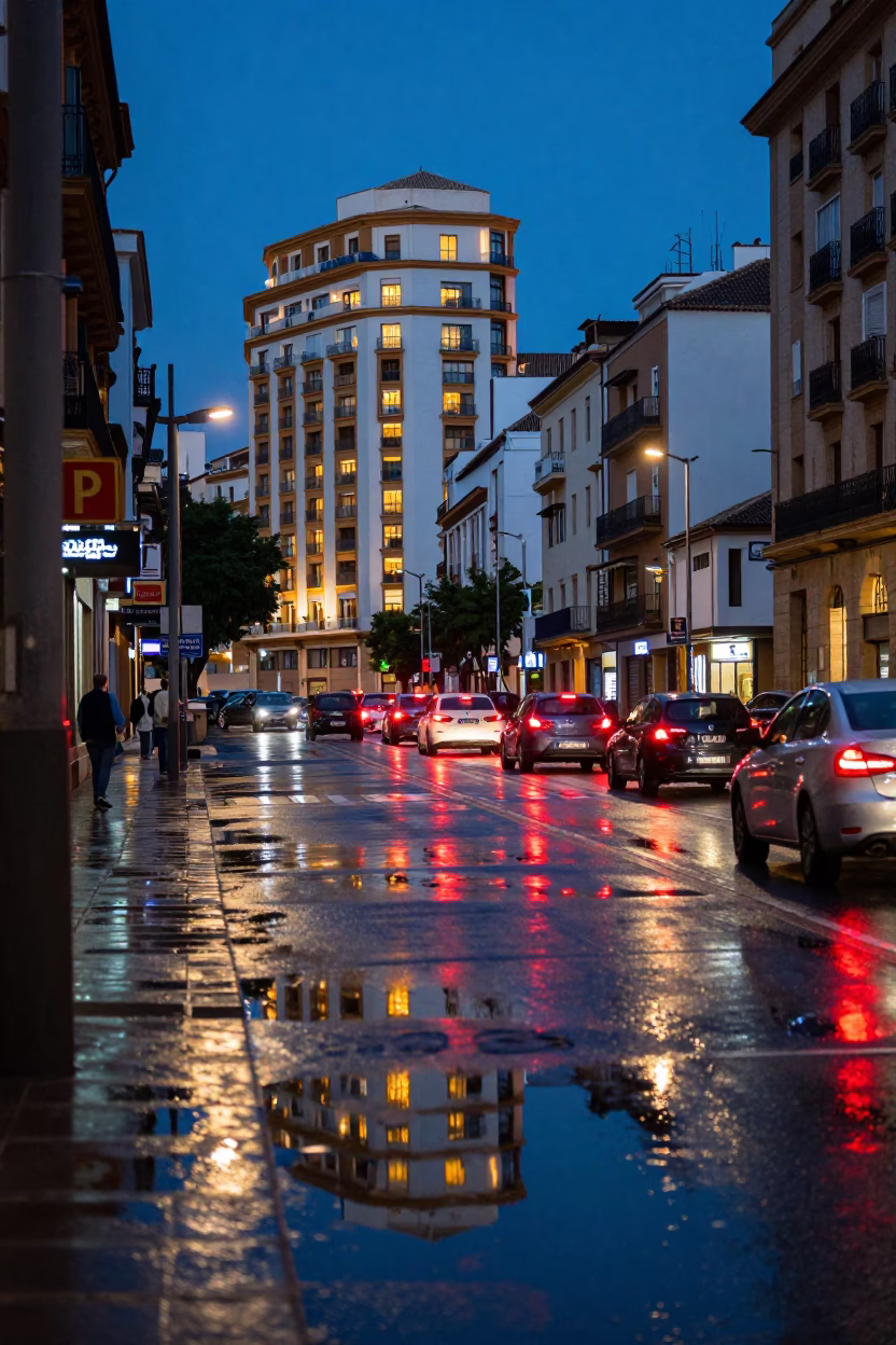Blue Hour Street Scene in Valencia Spain with Puddle Reflections and Traffic in in Valencia, Spain