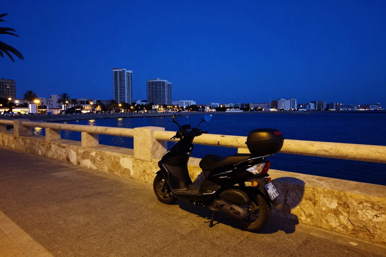Blue Hour Street Scene in Valencia Spain with Scooter and Harbor Promenade in in Valencia, Spain