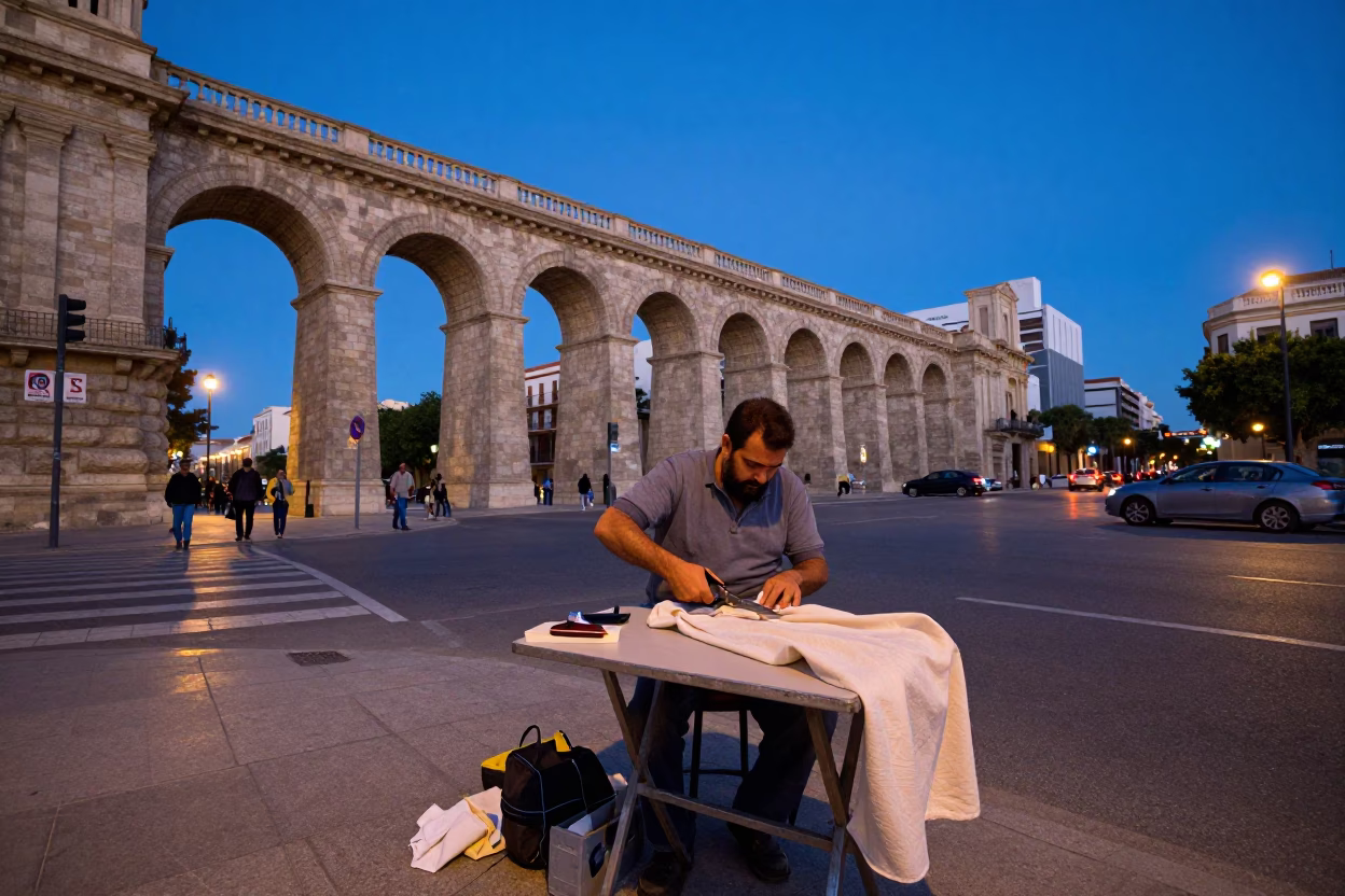 Blue Hour Street Scene in Valencia Spain with Tailor Shears and Stone Viaduct in in Valencia, Spain