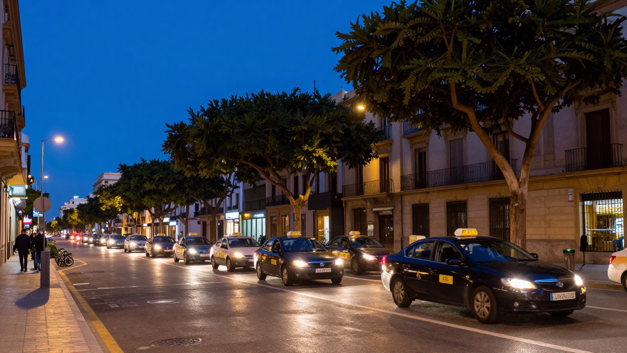 Blue Hour Street Scene in Valencia Spain with Taxi Rank and Fig Tree in in Valencia, Spain