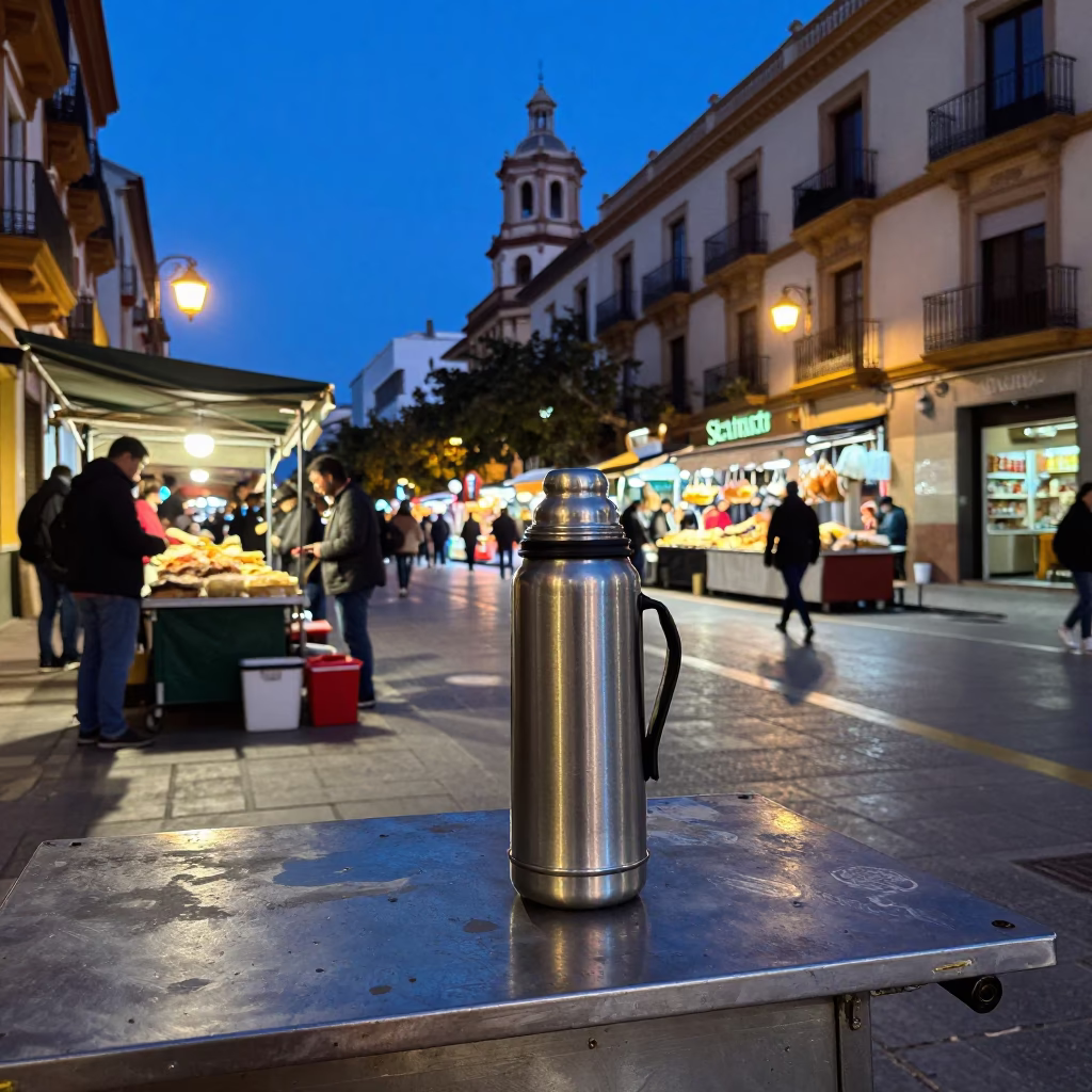 Blue Hour Street Scene in Valencia Spain with Thermos and Local Market Activity in in Valencia, Spain