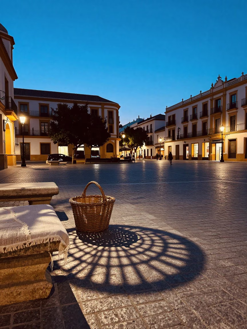 Blue Hour Street Scene in Valencia Spain with Wicker Shadow and Linen Fringe in in Valencia, Spain