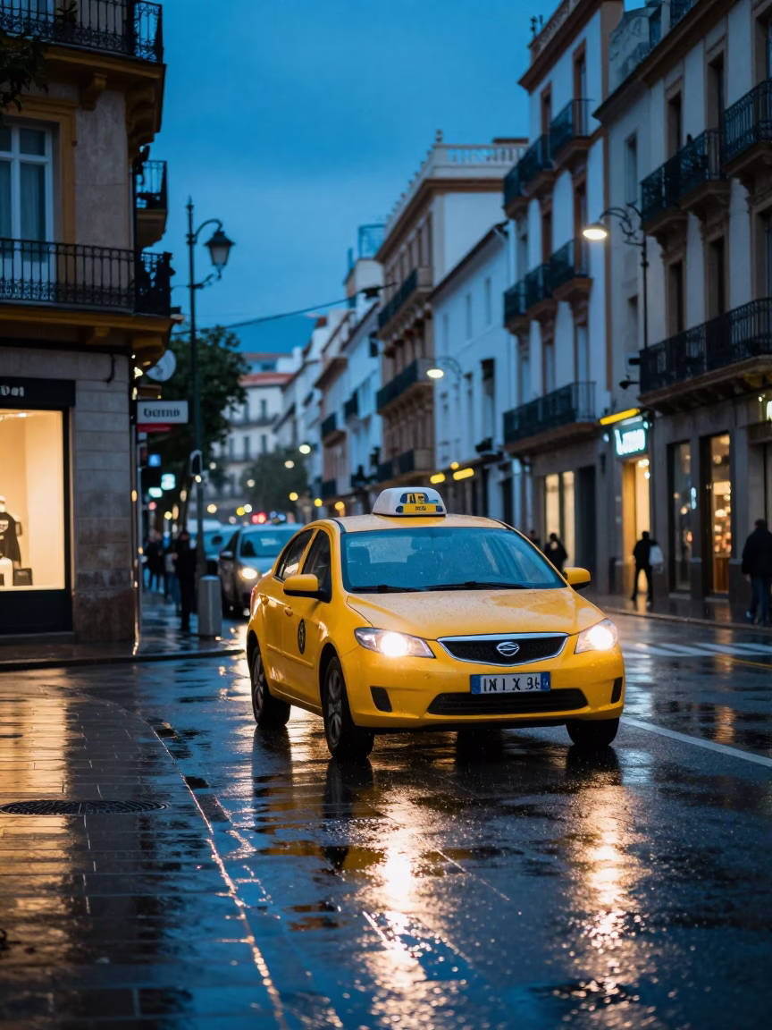 Blue Hour Street Scene in Valencia Spain with Yellow Taxi and Rain in in Valencia, Spain