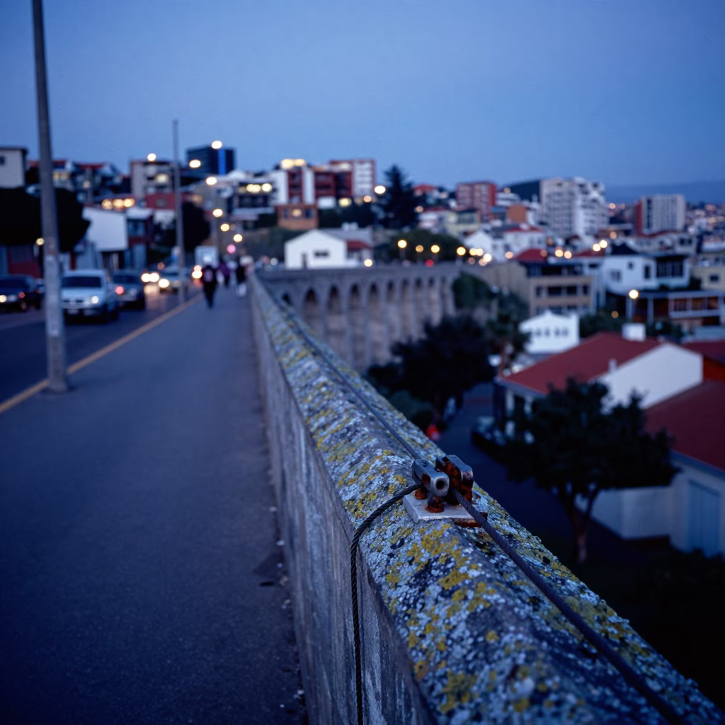 Blue Hour Street Scene in Valparaiso Chile with Aqueduct and Urban Details in in Valparaiso, Chile
